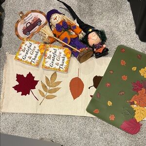 Autumn/Fall Decor Set-table runner, placemats, signs, stake, witch, scarecrow